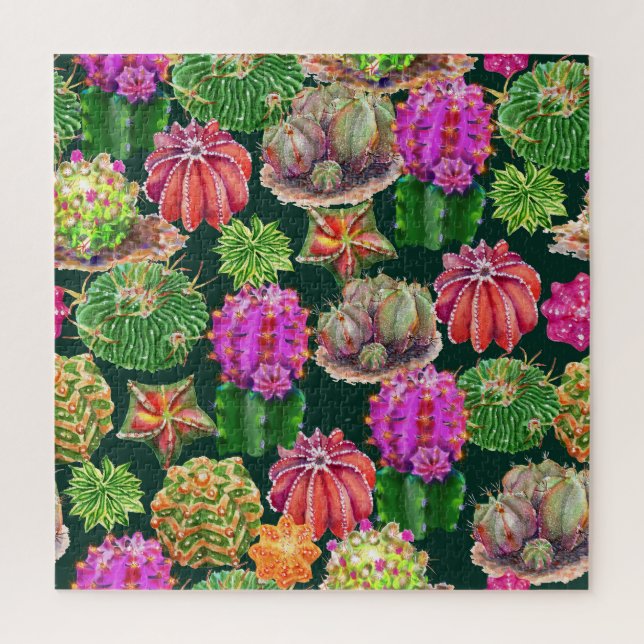 Cactus Floral Watercolor Seamless Pattern Jigsaw Puzzle (Vertical)