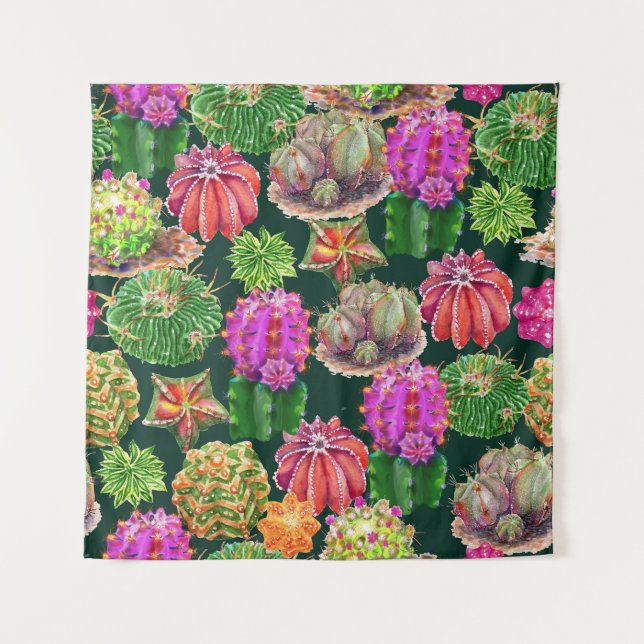 Cactus Floral Watercolor Seamless Pattern Tapestry (Front)