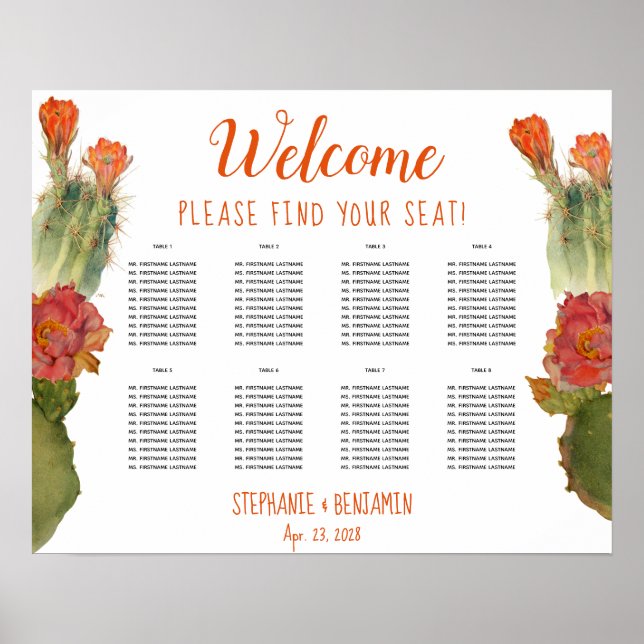 Cactus Flower 8 Table Floral Wedding Seating Chart (Front)
