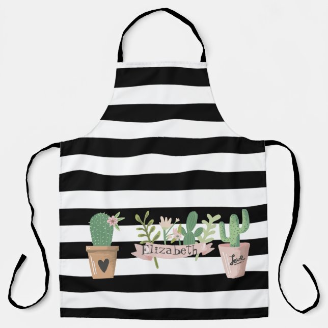 Cactus Flower Black White Stripes  Apron (Front)