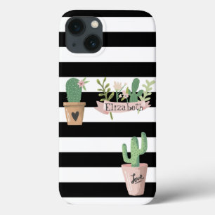 Cactus Flower Black White Stripes  iPhone 13 Case