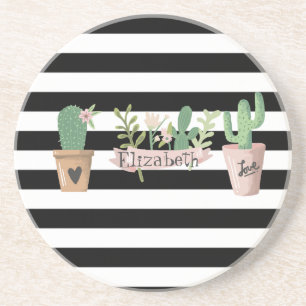 Cactus Flower Black White Stripes   Coaster