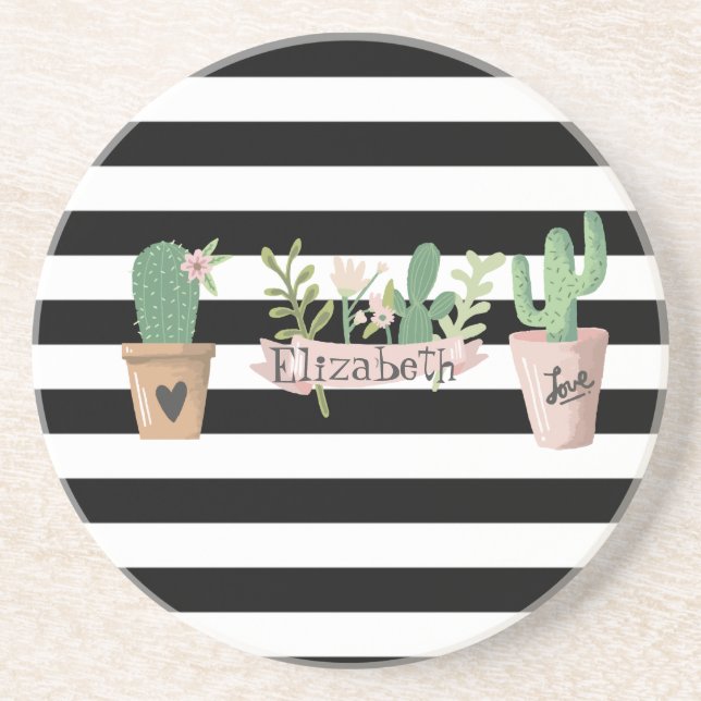 Cactus Flower Black White Stripes   Coaster (Front)