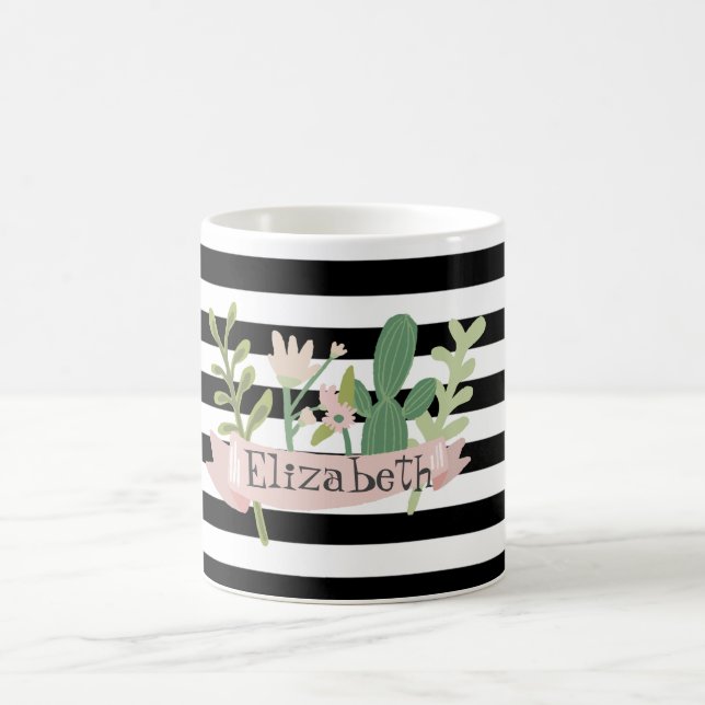 Cactus Flower Black White Stripes  Coffee Mug (Center)