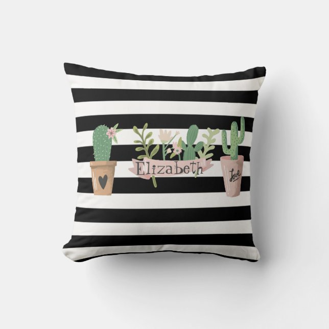 Cactus Flower Black White Stripes   Cushion (Front)