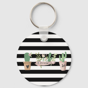 Cactus Flower Black White Stripes Key Ring