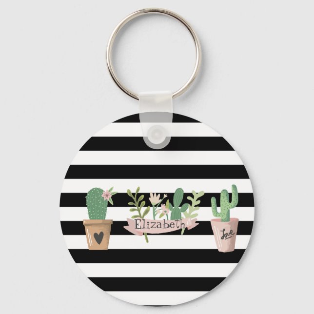 Cactus Flower Black White Stripes Key Ring (Front)