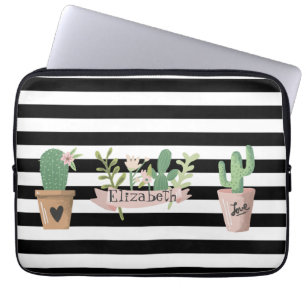 Cactus Flower Black White Stripes Laptop Sleeve