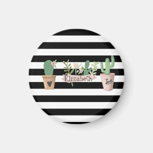 Cactus Flower Black White Stripes   Magnet