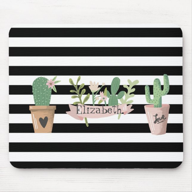 Cactus Flower Black White Stripes  Mouse Pad (Front)