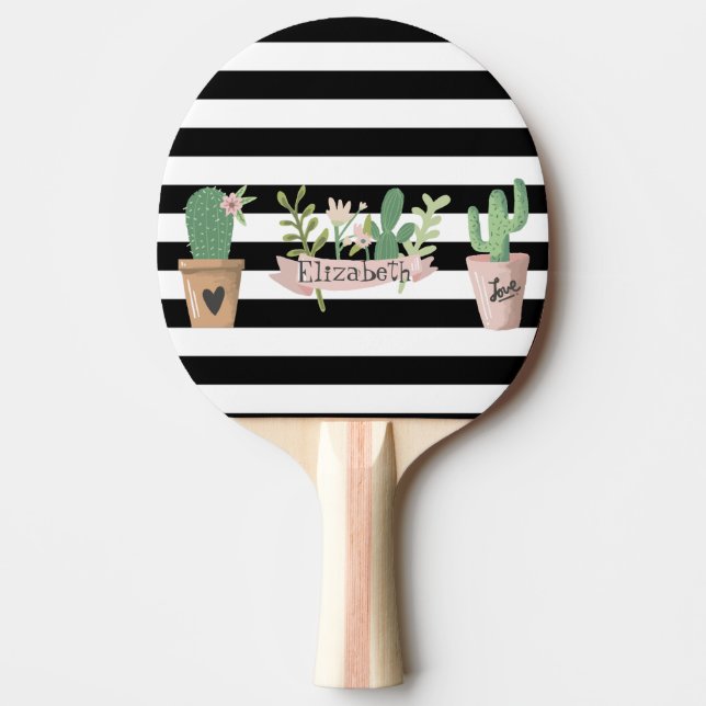Cactus Flower Black White Stripes   Ping Pong Paddle (Front)