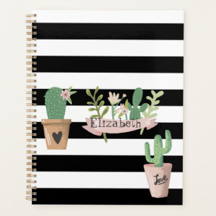 Cactus Flower Black White Stripes Planner