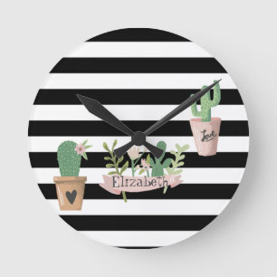 Cactus Flower Black White Stripes  Round Clock