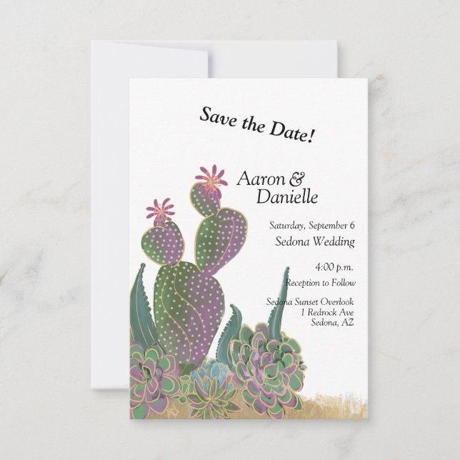 Cactus Flower Flat Save The Date Card (Front)