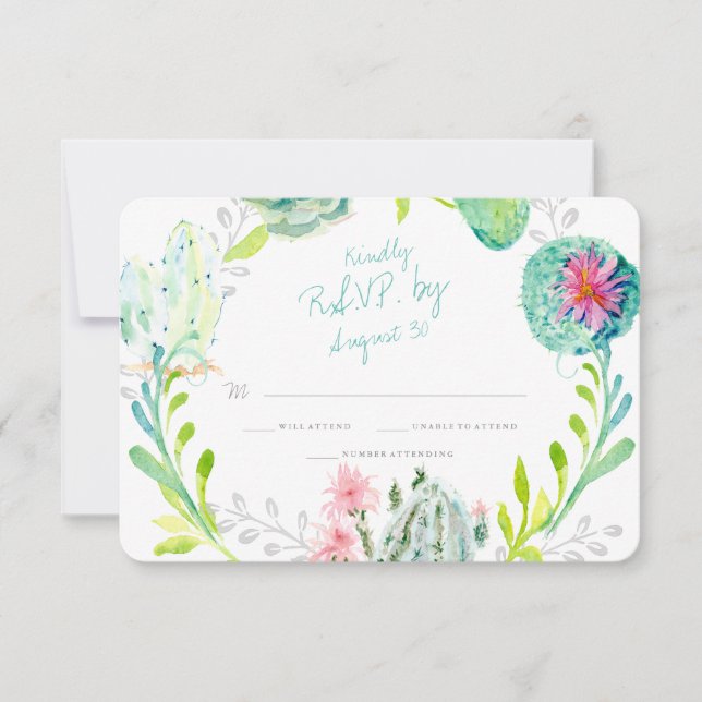 Cactus Flower Modern Watercolor Desert Wood Rsvp Card (Front)