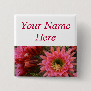 Cactus flower pin-back name tag 15 cm square badge