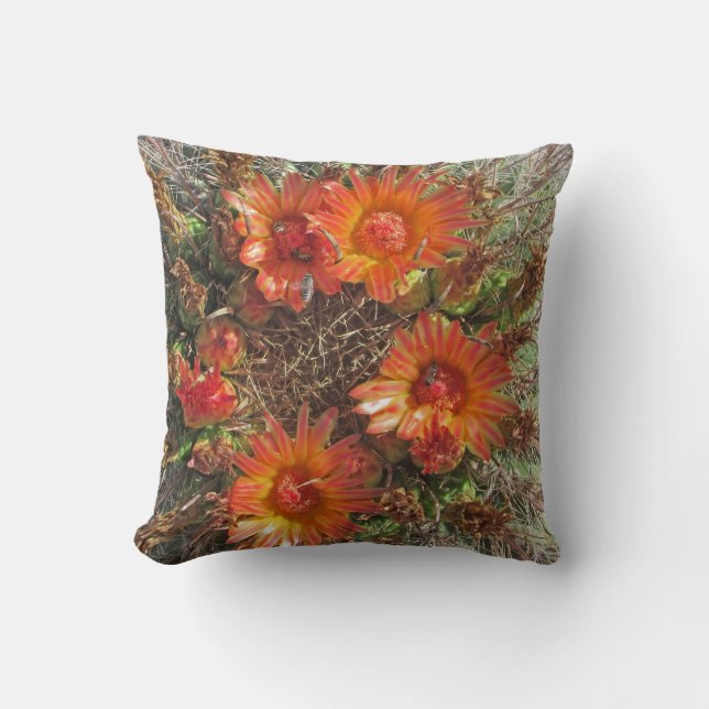 Cactus Flowers Bright Orange Floral Southwest Cushion (Front)