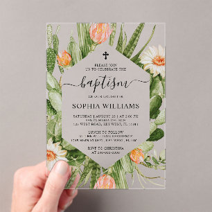 Cactus Flowers Frame Baptism  Acrylic Invitations