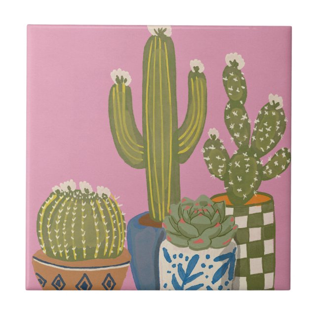 Cactus Flowers Pink Ceramic Tile (Front)