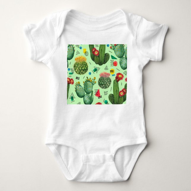 Cactus Flowers: Watercolor Geometric Background. Baby Bodysuit (Front)