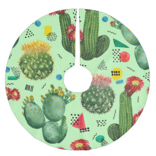 Cactus Flowers: Watercolor Geometric Background. Brushed Polyester Tree Skirt