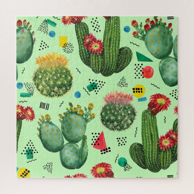 Cactus Flowers: Watercolor Geometric Background. Jigsaw Puzzle (Vertical)