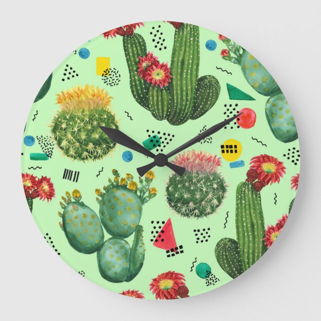 Cactus Flowers: Watercolor Geometric Background. Large Clock (Front)