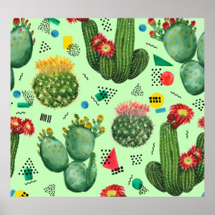 Cactus Flowers: Watercolor Geometric Background. Poster