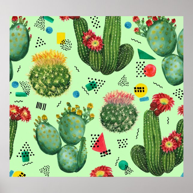 Cactus Flowers: Watercolor Geometric Background. Poster (Front)