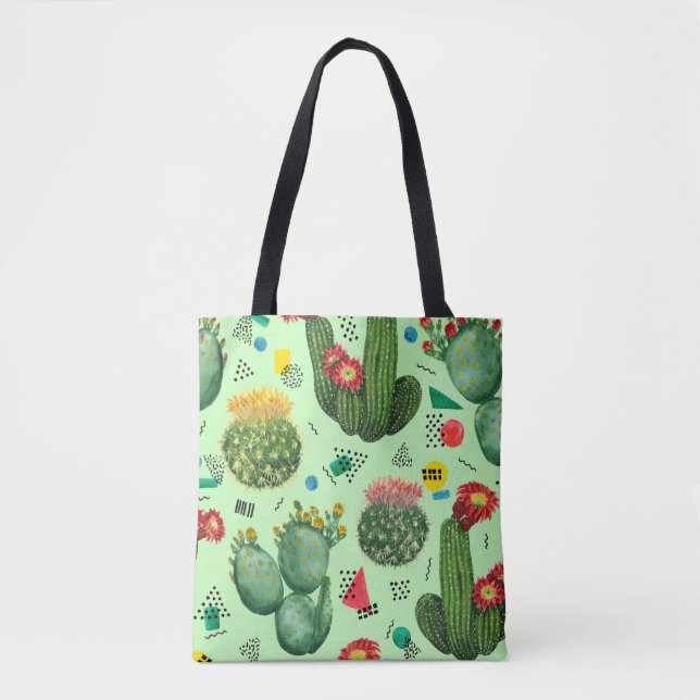 Cactus Flowers: Watercolor Geometric Background. Tote Bag (Front)
