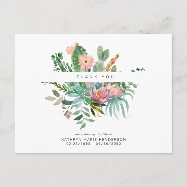 Cactus Funeral Loss of Life Thank You Postcard (Front)