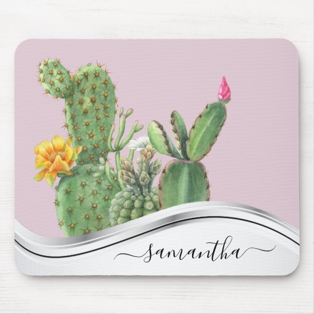 Cactus Garden Watercolor Handwritten Name  Mouse Pad (Front)