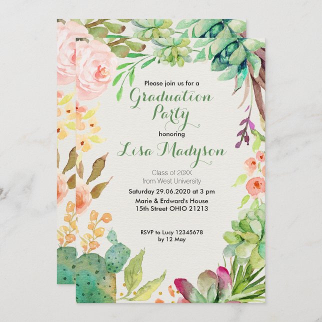 Cactus Graduation Party Invitation Southwestern (Front/Back)