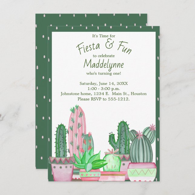 Cactus Green and Pink Birthday Invitation (Front/Back)