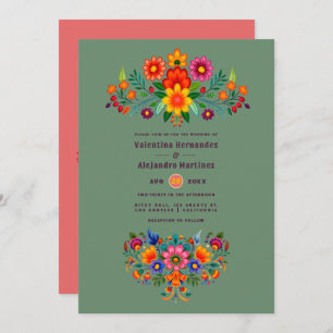 Cactus Green & Coral Rose Folk Art Fiesta Wedding Invitation