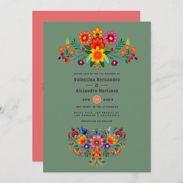 Cactus Green & Coral Rose Folk Art Fiesta Wedding Invitation (Front/Back)