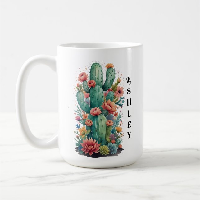 Cactus Green Succulent Watercolor Personalised Nam Coffee Mug (Left)