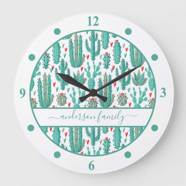 Cactus green white family monogram large clock (Front)