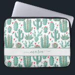 Cactus green white pattern monogram laptop sleeve<br><div class="desc">A chic white background decorated with a whimsical pattern of painted cactus, cacti and succulents and red and green hearts. For teen girls and women. Personalise and add your name. The name is written with a large modern hand lettered style script. Green coloured letters. To keep the swashes only delete...</div>