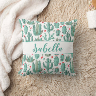 Cactus green white pattern monogram name cushion