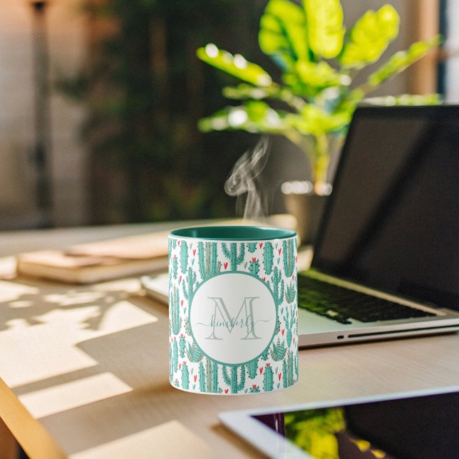 Cactus green white whimsical monogrammed mug (Creator Uploaded)