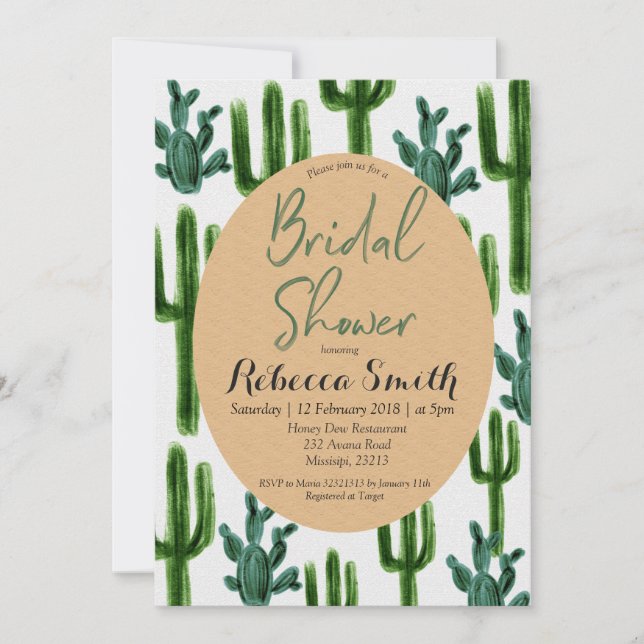 Cactus Greenery Bridal Shower Invitation Green (Front)