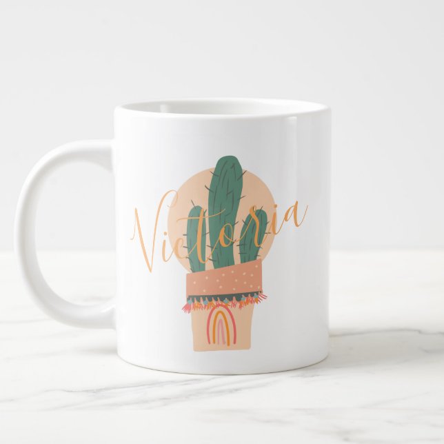 Cactus Hand Drawn Rainbow Potted Name  Large Coffee Mug (Left)