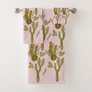 Cactus Hand Painted Watercolor Pink Pattern Bath Towel Set