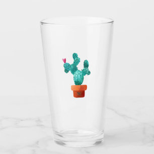 Cactus Heart Monogram Initials Green Pink Fun Glass