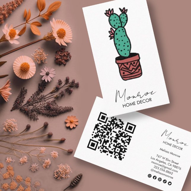 Cactus Illustration Fun Boho Cute QR Social Icons  Business Card (Cactus illustration with QR code and social media icons. Custom business cards)