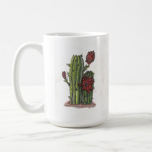 Cactus in Bloom With Red Flowers 1 Coffee Mug (Left)