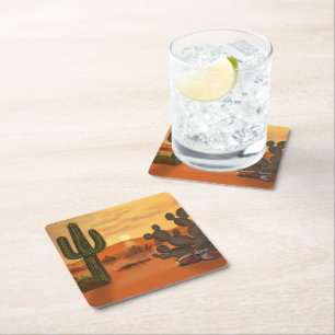 Cactus in the desert, warm autumn colors. square paper coaster