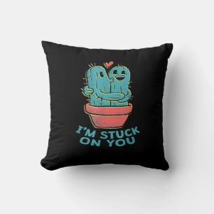 Cactus Joke Im Stuck On You Retro Succulent Couple Cushion