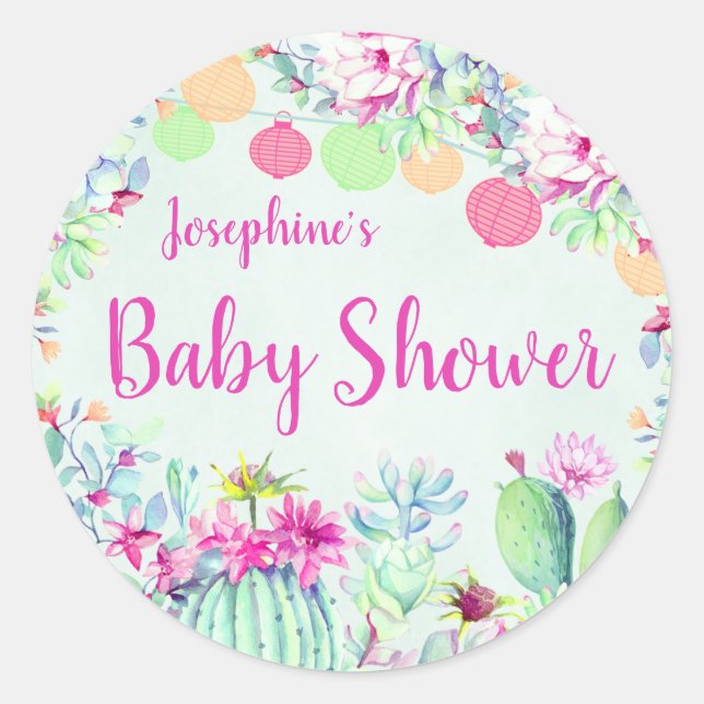 Cactus Lantern Fiesta Succulents Baby Shower Classic Round Sticker (Front)